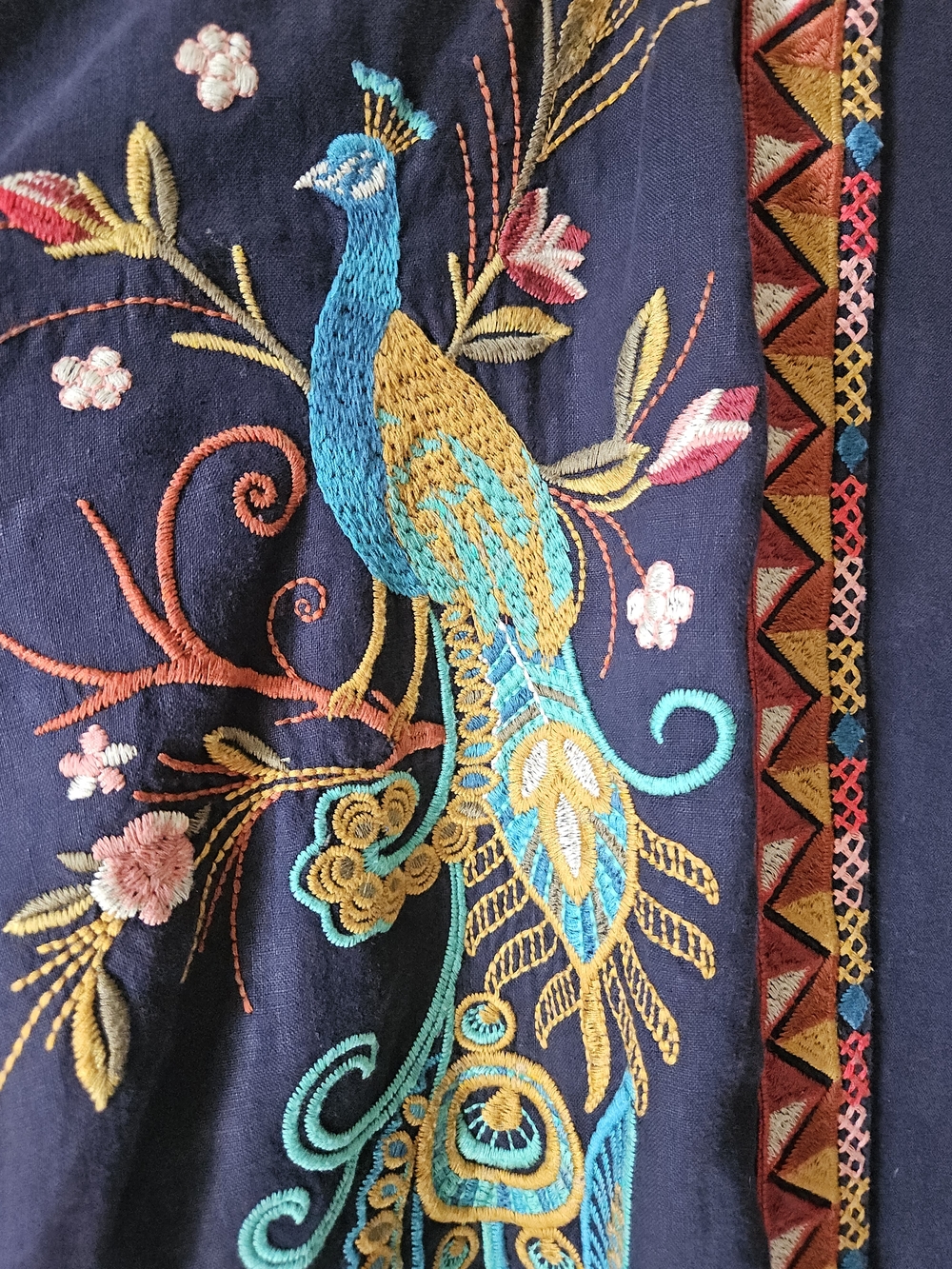 Johnny Was Linen Navy Embroidered Peacock Kimono Jacket Boho - Picture 2 of 3